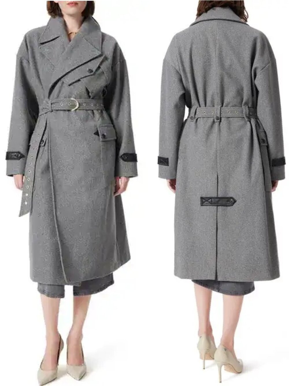 NWT New $399 DO by Dee Ocleppo Tie Belt Cargo Grey Trench Coat Size S